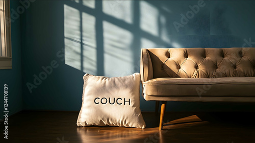 realistic photo of a large pillow on the floor leaning against a cozy warmtoned couch with the word COUCH embroidered on it a naturally lit therapists office blue w