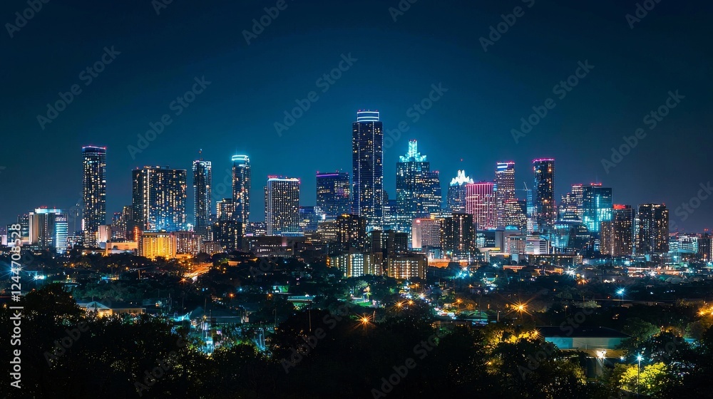 Austin, Texas Skyline at Night Vibrant Cityscape Panorama Austin, Texas Skyline at Night Vibrant Cityscape Panorama