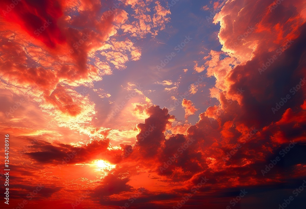 Naklejka premium Fiery Sunset Sky Dramatic Red Clouds, Burning Orange Hues, Golden Sun