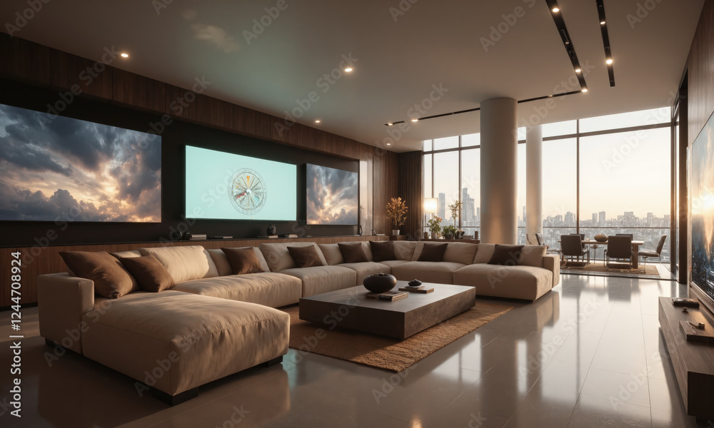 A modern lounge area with smart furniture that automatically adjusts to user preferences. The seating, made from mocha mousse-colored fabric, includes built-in heating,