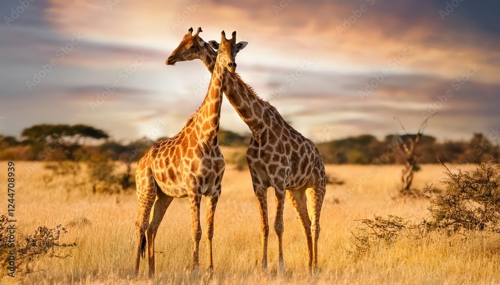 Striking Duo Majestic Giraffes Silhouetted against the African Savannahs Sunset Glow, Gracefully Framed by Acacia Trees and Golden Grasslands at Dawn. Striking Duo Majestic Giraffes Silhouetted against the African Savannahs Sunset Glow, Gracefully Framed by Acacia Trees and Golden Grasslands at Dawn.