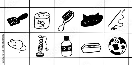 Minimalist Cat Toy and Treats Illustration – Black & White Pet Lover Digital Art