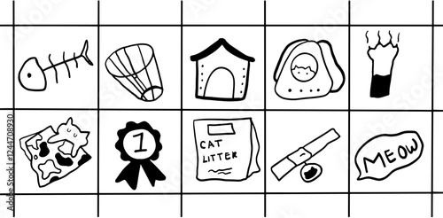 Minimalist Cat Toy and Treats Illustration – Black & White Pet Lover Digital Art