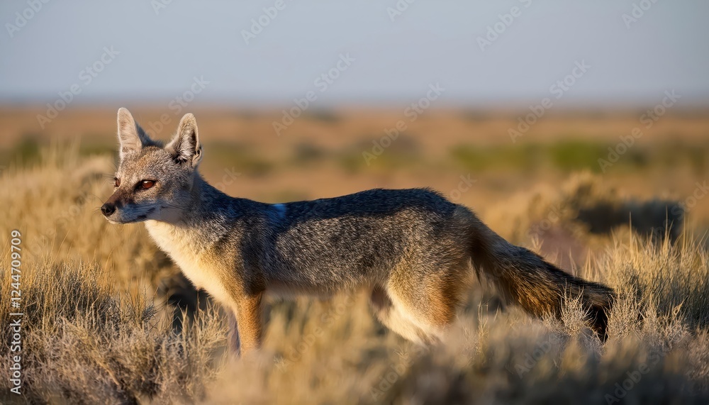 Striking Pampas Grey Fox in the Grassy Plains of La Pampa, Argentina at Dusk A Captivating Wildlife Moment with Earthy Tones and Rugged Textures. Striking Pampas Grey Fox in the Grassy Plains of La Pampa, Argentina at Dusk A Captivating Wildlife Moment with Earthy Tones and Rugged Textures.