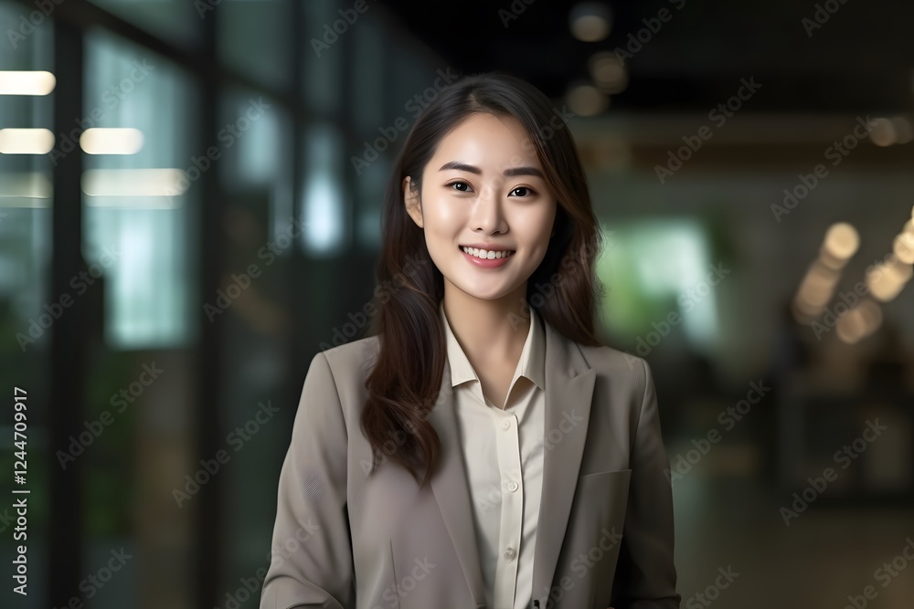 Fototapeta premium Smiling businesswoman portrait, office night, blurred background, corporate headshot