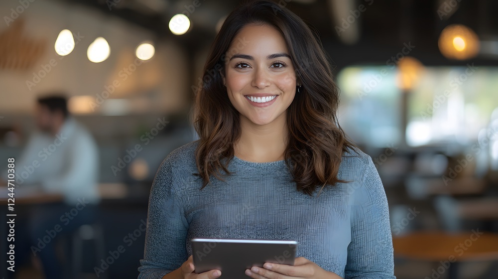 Smiling woman holding tablet, cafe, blurred background, business Smiling woman holding tablet, cafe, blurred background, business