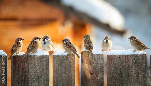 Stunning Panorama of Winter Garden Filled with Playful Sparrows on a Fence, Showcasing the Charm of Winter Scenes with a Crisp White Background and Soft, Warm Tones. photo