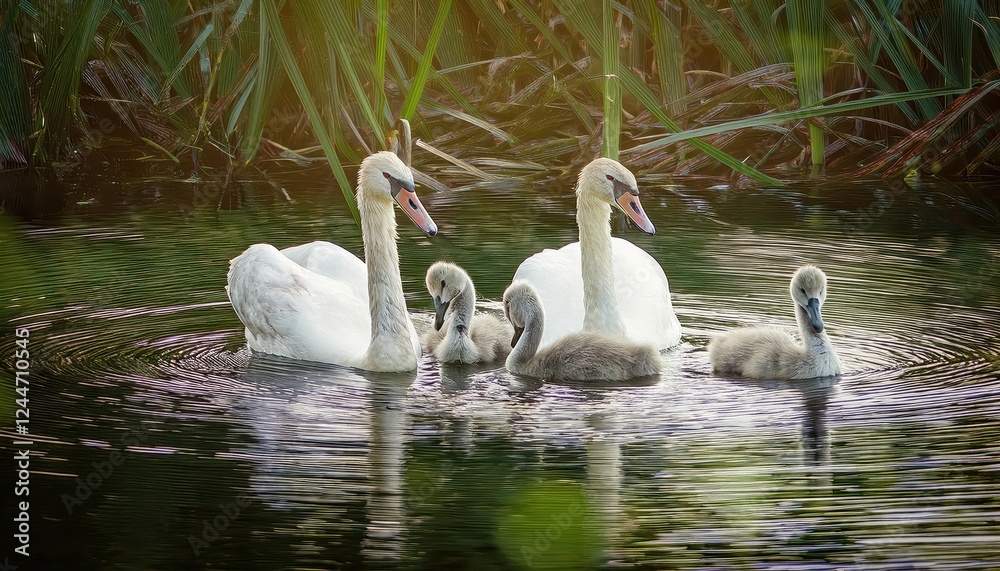 Serene Swan Pair Tending to Their Goslings Amidst a Blossoming Polish Winter Landscape, SnowCovered Evergreens and Icy Pond Reflecting Warm Hues of Sunset Serene Swan Pair Tending to Their Goslings Amidst a Blossoming Polish Winter Landscape, SnowCovered Evergreens and Icy Pond Reflecting Warm Hues of Sunset