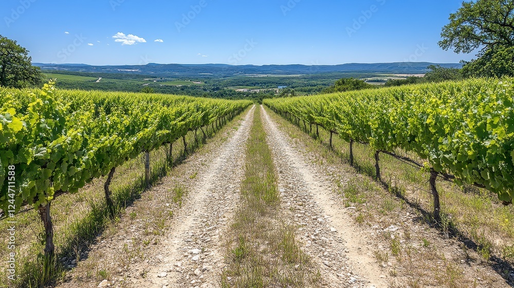 Fototapeta premium Lush Green Vineyard Rows on a Sunny Day, Gravel Path and Scenic Rural Landscape