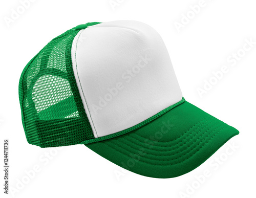 Green and white trucker cap isolated on transparent background. Classic mesh baseball hat for casual wear, branding, and customization.