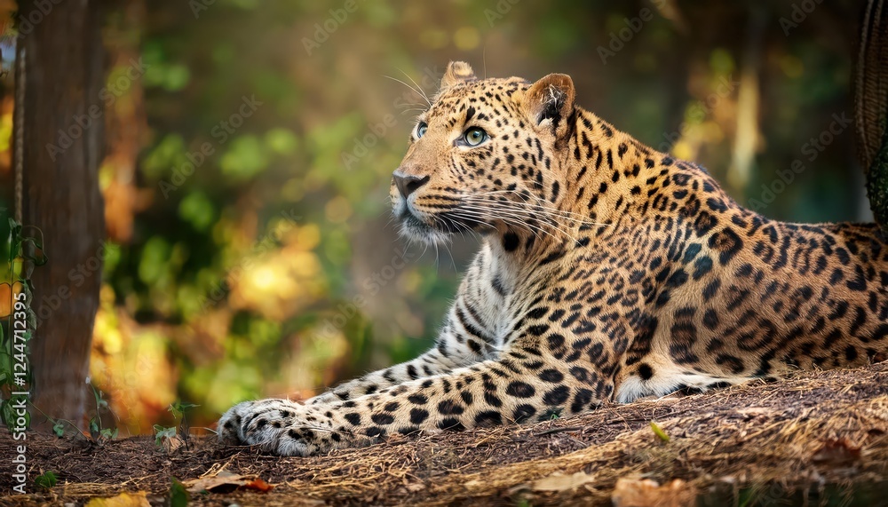 Enigmatic Persian Leopard Stalking Through Dense Forest at Twilight, Showcasing Majestic Felids Agility and Grace in a Mystical Forest Landscape Enigmatic Persian Leopard Stalking Through Dense Forest at Twilight, Showcasing Majestic Felids Agility and Grace in a Mystical Forest Landscape