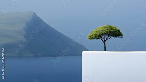 Lone tree on cliff edge, island backdrop, serene seascape, nature concept