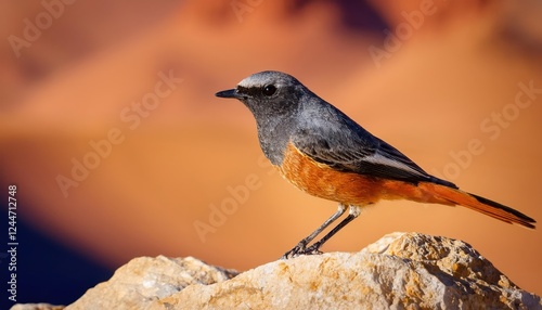 Vibrant Moussier Redstart Amidst the lush Green Forest Floor, a Captivating Small Passerine Bird in its Natural Habitat, with Striking Red and Black Plumage. photo