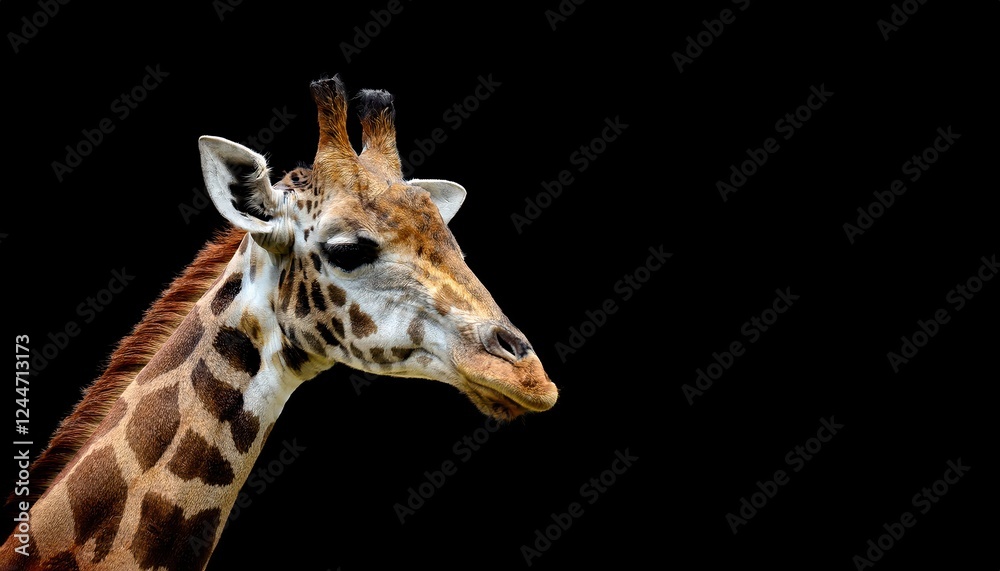 Fototapeta premium Aweinspiring Isolated Giraffe Against a Black Background, Highlighting the Majestic Beauty of Natures Longest Necked Creature in a Dramatic Scene