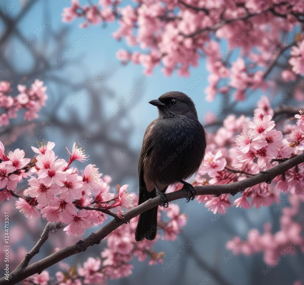 Perched high in a majestic cherry blossom tree, a sleek black phoebe bird, serene landscape, cherry blossom tree, majestic trees Perched high in a majestic cherry blossom tree, a sleek black phoebe bird, serene landscape, cherry blossom tree, majestic trees