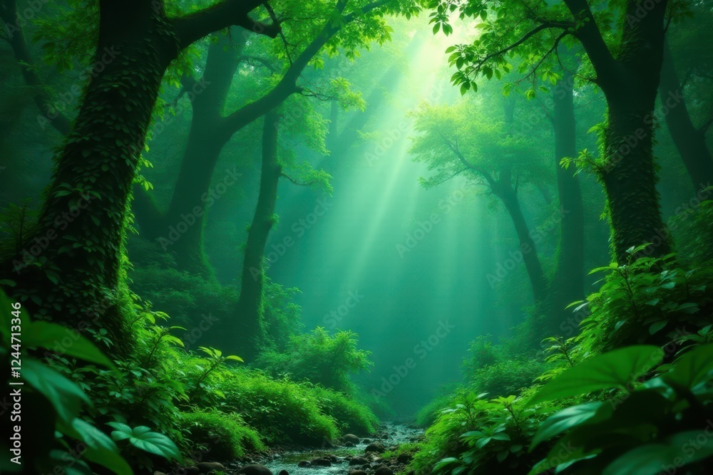 Fototapeta premium Dense emerald canopy, steamy air, lush vegetation, heat, nature, weather