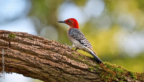 Striking Red Headed Woodpecker Perched on OAK Branch at Dawn Vividly Capturing the Majestic Beauty of Melanerpes Erythrocephalus against a Backdrop of Natures Early Morning Glory photo