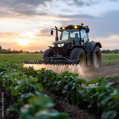 Tractor spraying field sunset agriculture farming