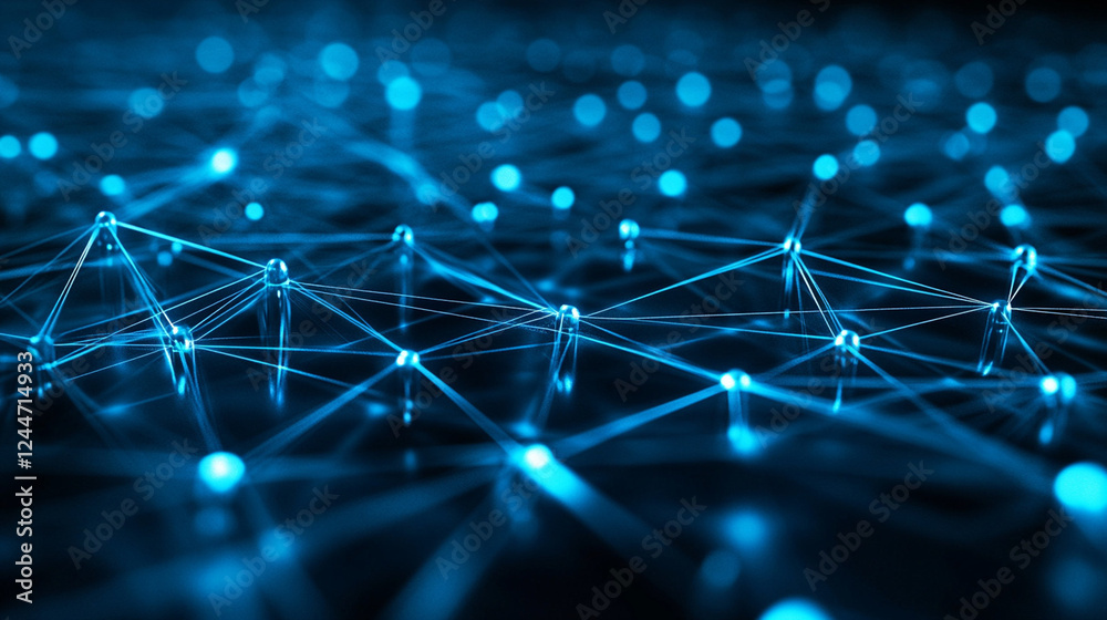 Fototapeta premium Abstract blue digital network of glowing nodes and lines, futuristic data visualization with deep perspective.