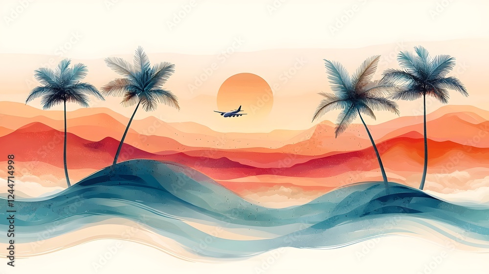 Obraz premium Vibrant Abstract Travel Banner with Fluid Shapes Warm Sunset Tones and Tropical Airplane Silhouettes