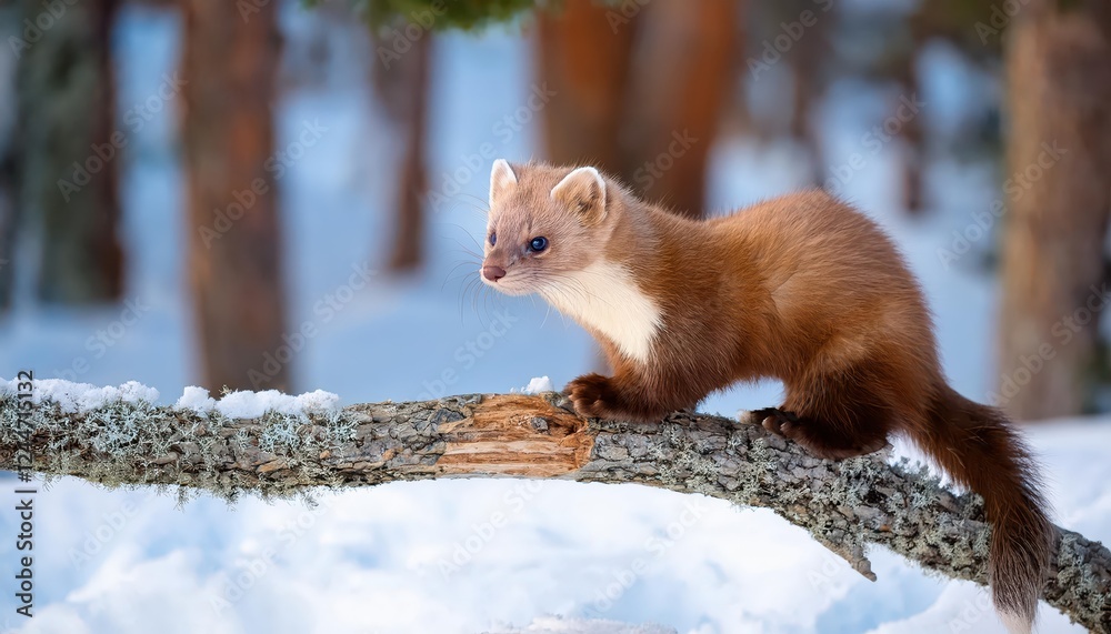 Frosty Encounter Agile Pine Marten Perched Majestically Against a Snowy Tree Branch, Amidst the Serene Winter Wilderness. Frosty Encounter Agile Pine Marten Perched Majestically Against a Snowy Tree Branch, Amidst the Serene Winter Wilderness.