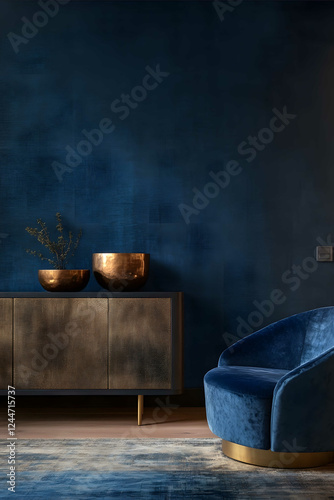An indigo bluecolored wall with a goldlegged sideboard and armchair interior design photography against a dark blue background photo