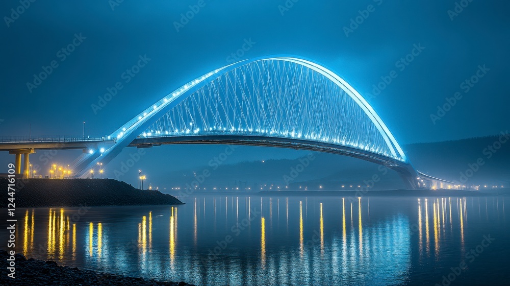 Naklejka premium Illuminated arch bridge at night, reflecting in calm water, misty background; ideal for travel brochures