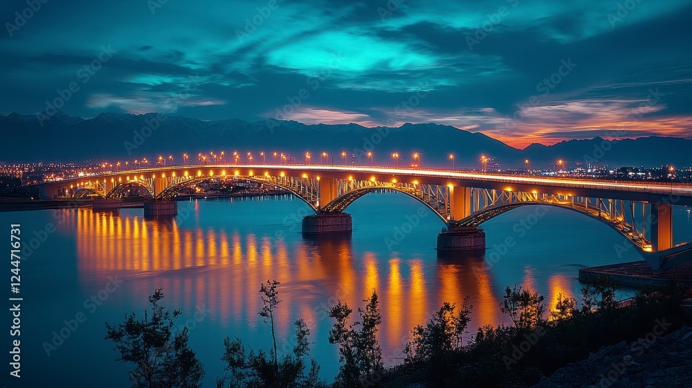 Illuminated bridge over river at twilight, city skyline backdrop; travel poster Illuminated bridge over river at twilight, city skyline backdrop; travel poster