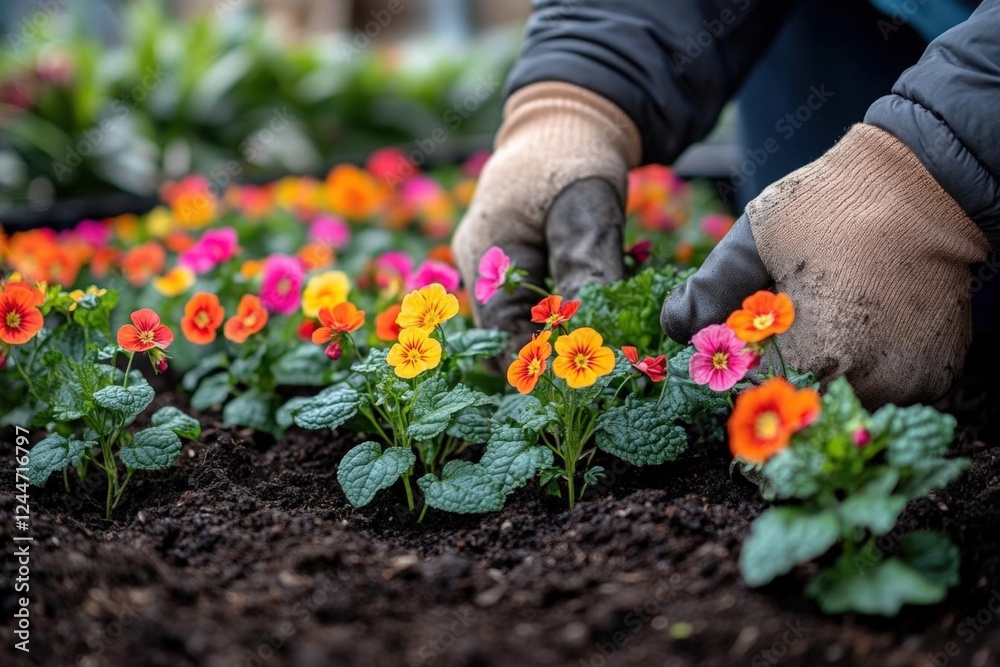 Hands Planting Colorful Primula Flowers in Rich Soil Hands Planting Colorful Primula Flowers in Rich Soil