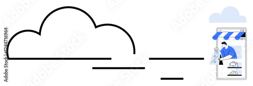 Large cloud connected to small storefront on smartphone with person fulfilling online order. Ideal for digital business, cloud computing, online shopping, e-commerce, logistics, internet