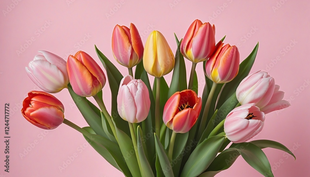 Obraz premium Vibrant Pink Tulip Bouquet on Soft Pink Background with Space for Your Message