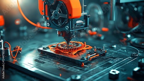 Advanced 3D Printer Constructing a Complex Self Replicating Nano Machine in a Dimly Lit Laboratory Setting Showcasing the Latest Innovations in Automated Manufacturing and Nanotechnology photo