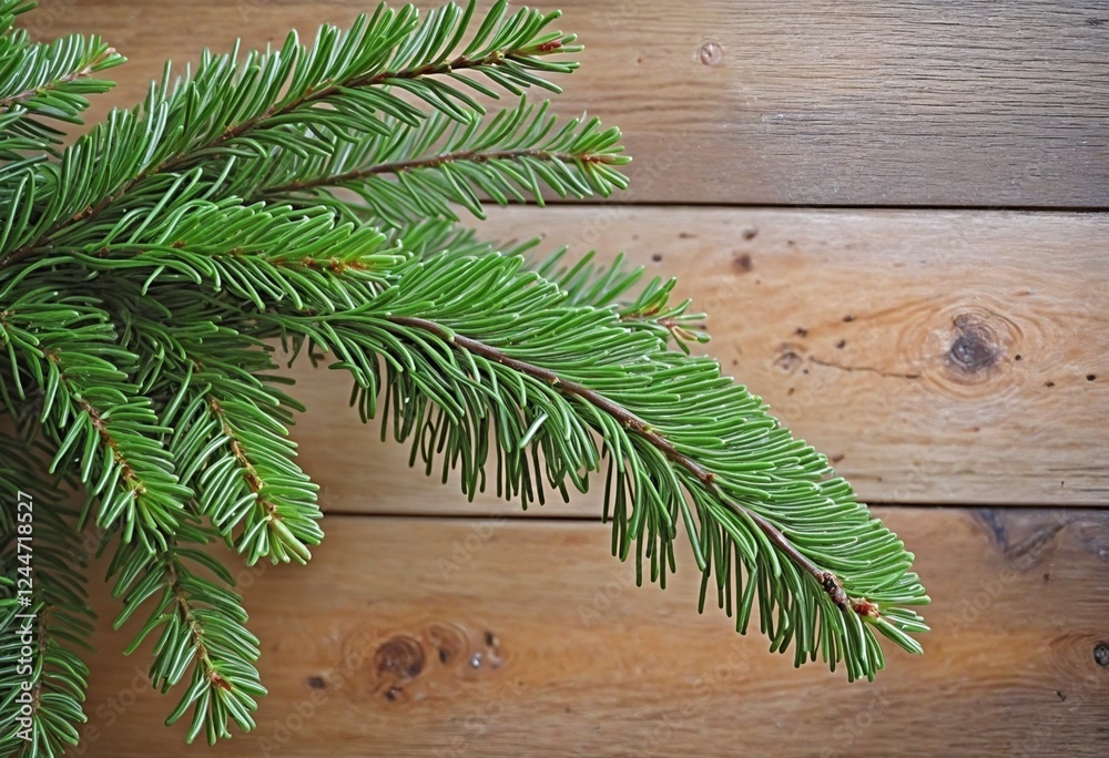 Rustic Holiday Decor: Green Pine Branches on a Weathered Wooden Surface Rustic Holiday Decor: Green Pine Branches on a Weathered Wooden Surface