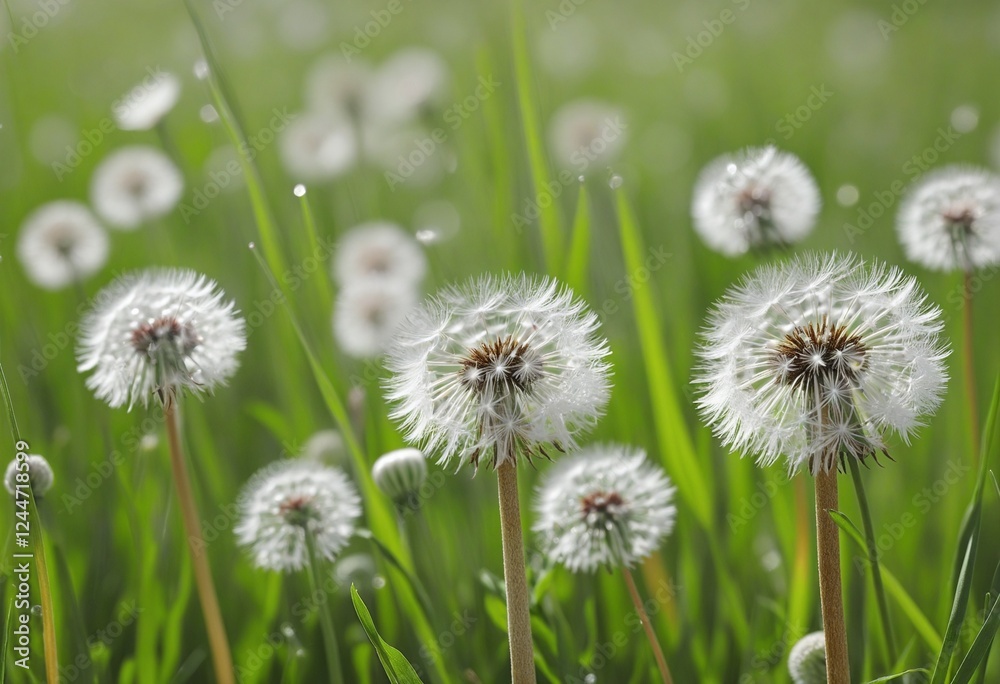 Fluffy White Dandelion Puffballs Dancing in a Serene Green Meadow Fluffy White Dandelion Puffballs Dancing in a Serene Green Meadow