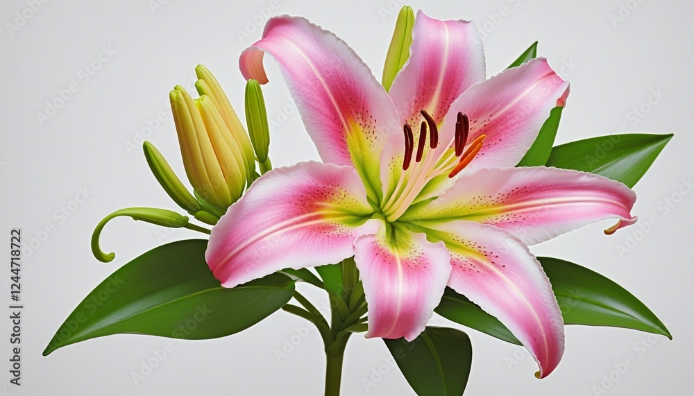 Elegant Pink Lily Flower with Green Leaves on Pure White Background Elegant Pink Lily Flower with Green Leaves on Pure White Background