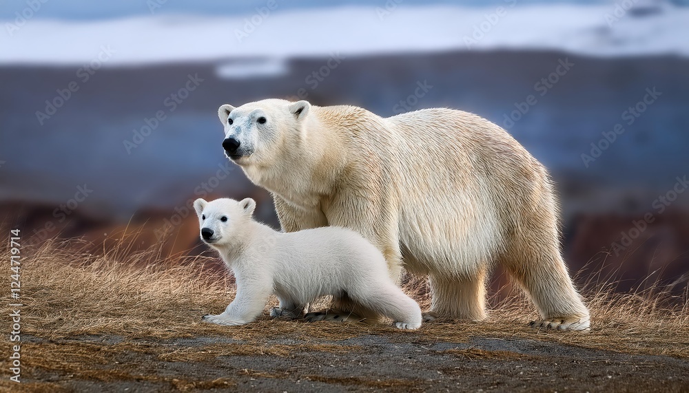 Gentle Bond Polar Bear Mother and Cub Frolicking in Snowy Arctic Tundra, Caught in a Moment of Joy and Playfulness against a Backdrop of Icy Blue Horizon. Gentle Bond Polar Bear Mother and Cub Frolicking in Snowy Arctic Tundra, Caught in a Moment of Joy and Playfulness against a Backdrop of Icy Blue Horizon.