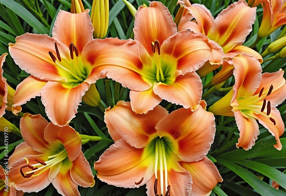 Fototapeta premium Vibrant Orange Daylily 'Longfields Marmalade' Blooms in Summer Garden