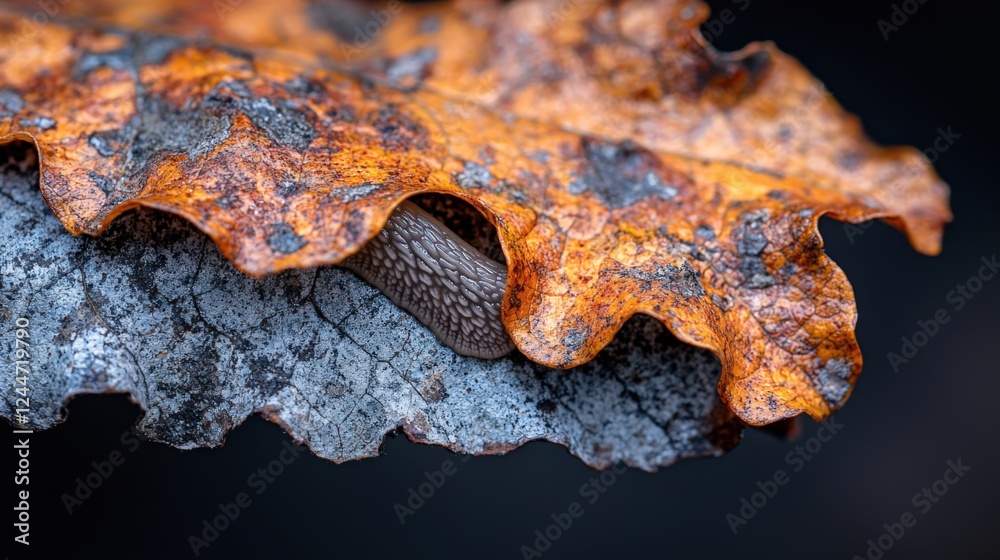 Close-Up of Slug Hiding Under Orange Fall Leaf in Nature Close-Up of Slug Hiding Under Orange Fall Leaf in Nature