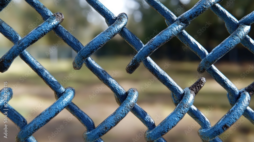 Close-up of weathered blue chain-link fence, park background Close-up of weathered blue chain-link fence, park background