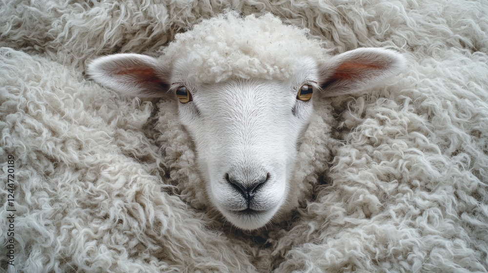 Close-Up of Friendly Sheep Surrounded by Fluffy White Wool Close-Up of Friendly Sheep Surrounded by Fluffy White Wool