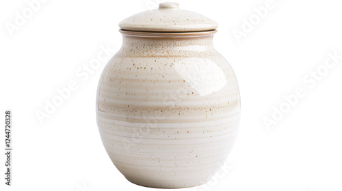 Beige ceramic jar with lid isolated on transparent background