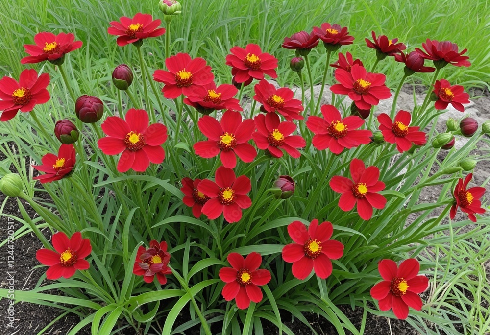 Vibrant Red Coreopsis Blooms in a Sunny Garden Close-Up Vibrant Red Coreopsis Blooms in a Sunny Garden Close-Up