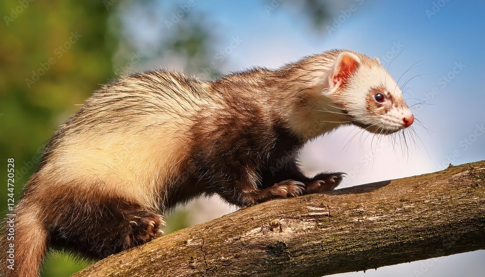 Wild and Agile European Polecat Stealthily Climbs a WinterBare Branch, Amidst the Dappled Shadows of an Enchanted Forest. Wild and Agile European Polecat Stealthily Climbs a WinterBare Branch, Amidst the Dappled Shadows of an Enchanted Forest.