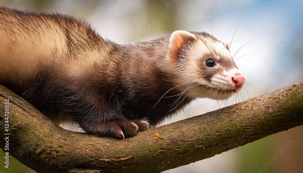 Sleek Polecat Scaling a Gnarled Branch amidst the Enchanting Forest Twilight, Capturing Natures Grace and Mystique. Sleek Polecat Scaling a Gnarled Branch amidst the Enchanting Forest Twilight, Capturing Natures Grace and Mystique.