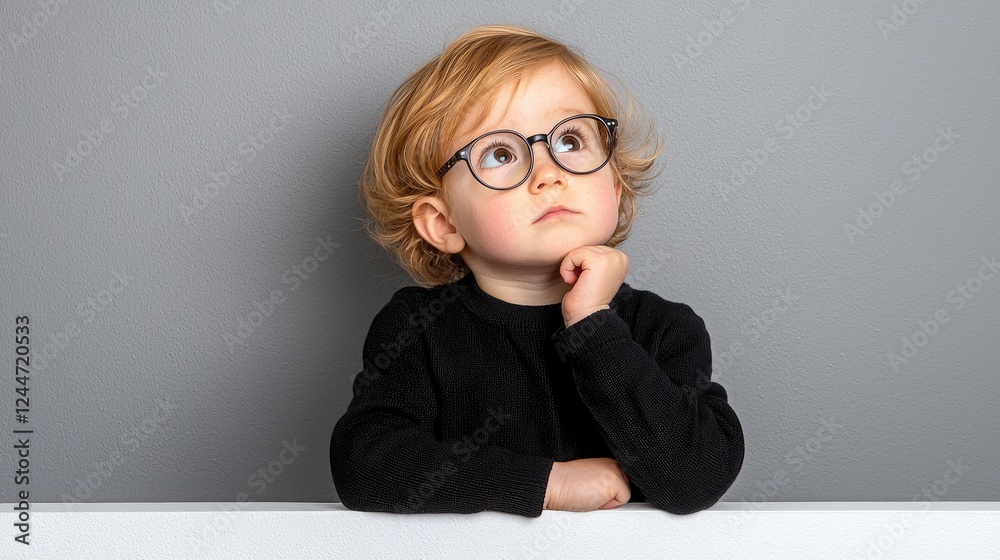 Toddler in glasses contemplates, grey background, studio shot, advertisement