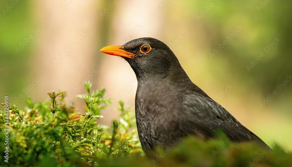 Vivid Portrait of a Common Blackbird Amongst Green Vegetation in European Wilderness A Beautiful Encounter with Turdus Merula Amidst Natures Abundance Vivid Portrait of a Common Blackbird Amongst Green Vegetation in European Wilderness A Beautiful Encounter with Turdus Merula Amidst Natures Abundance