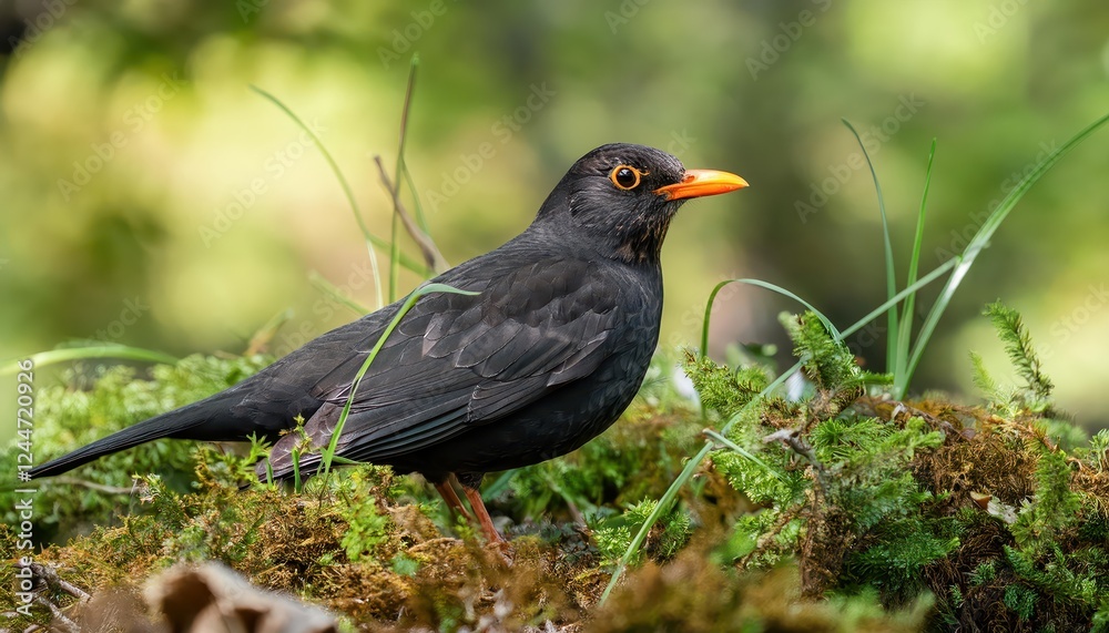 Vividly Colored Common Blackbird perched on verdant foliage against the backdrop of a European woodland, showcasing the charm and elegance of Europes wild beauty. Vividly Colored Common Blackbird perched on verdant foliage against the backdrop of a European woodland, showcasing the charm and elegance of Europes wild beauty.