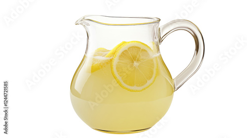 Refreshing lemonade in glass pitcher with lemon slice on transparent background