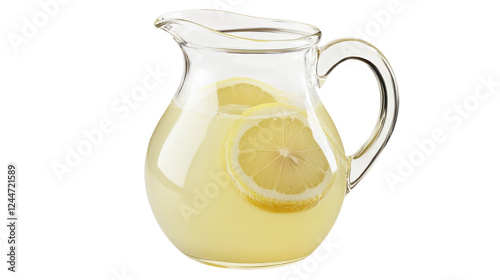Refreshing lemonade in glass pitcher with lemon slices and transparent background