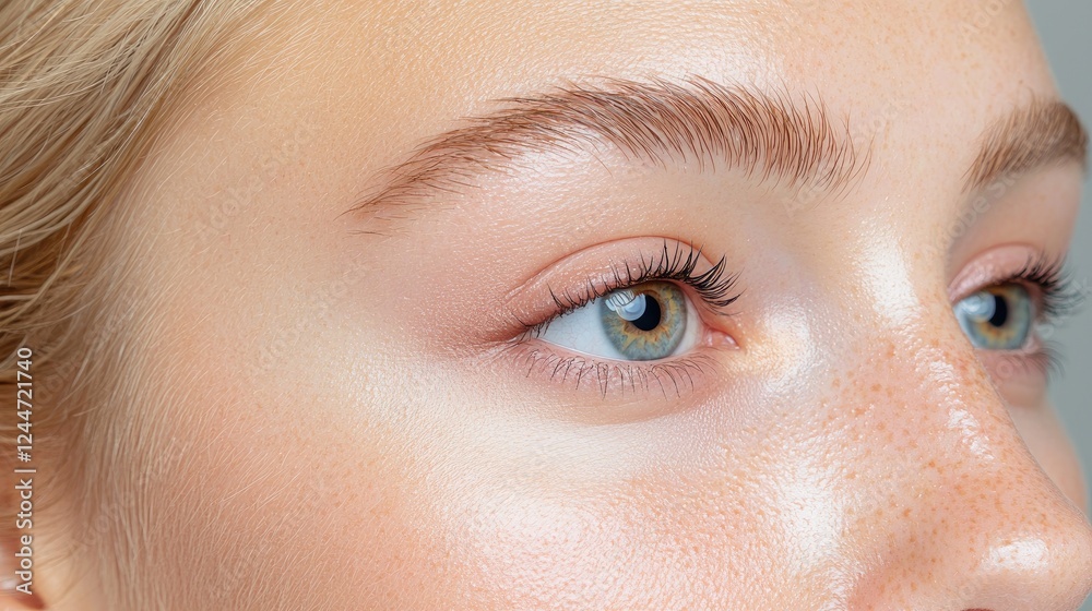 Fototapeta premium Close-up of woman's eyes, freckles, and brows. Beauty, skincare advertisement